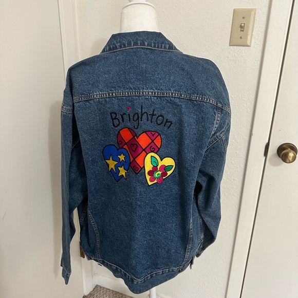 Brighton Embroidered Heart Patch Denim Jacket Sz M Oversized - Picture 2 of 12